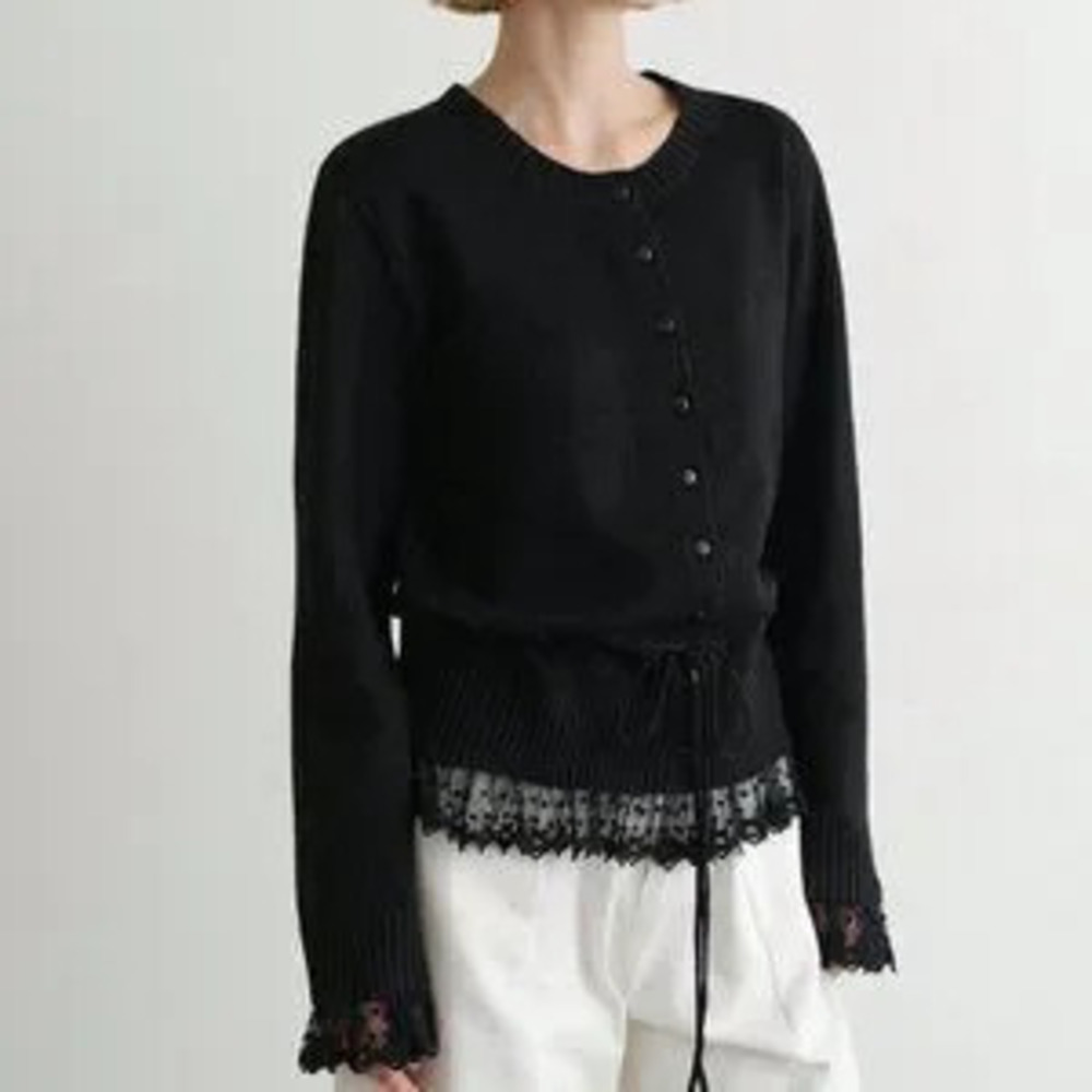 Black Casual Women's Patchwork Cardigan with Lace Trim